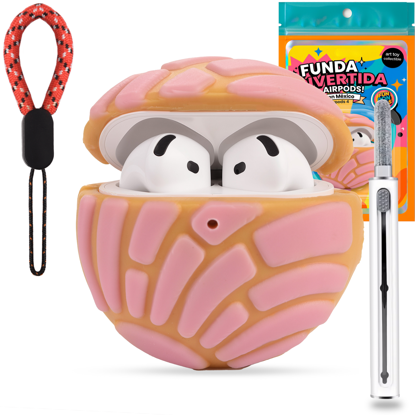 Funda Protectora para AirPods 4 – Diseño Concha de Pan Mexicano. Protección Antigolpes y Rayones, Imposible de Ignorar – Incluye Correa, Kit de Limpieza y Extractor PopDock (Fresa)