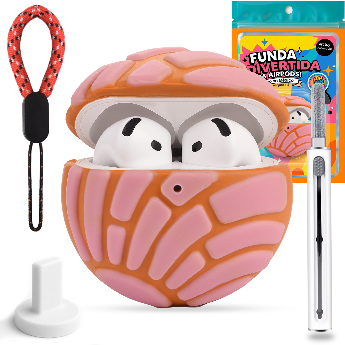 Funda Protectora para AirPods 4 – Diseño Concha de Pan Mexicano. Protección Antigolpes y Rayones, Imposible de Ignorar – Incluye Base y Extractor PopDock (Fresa Clásica)
