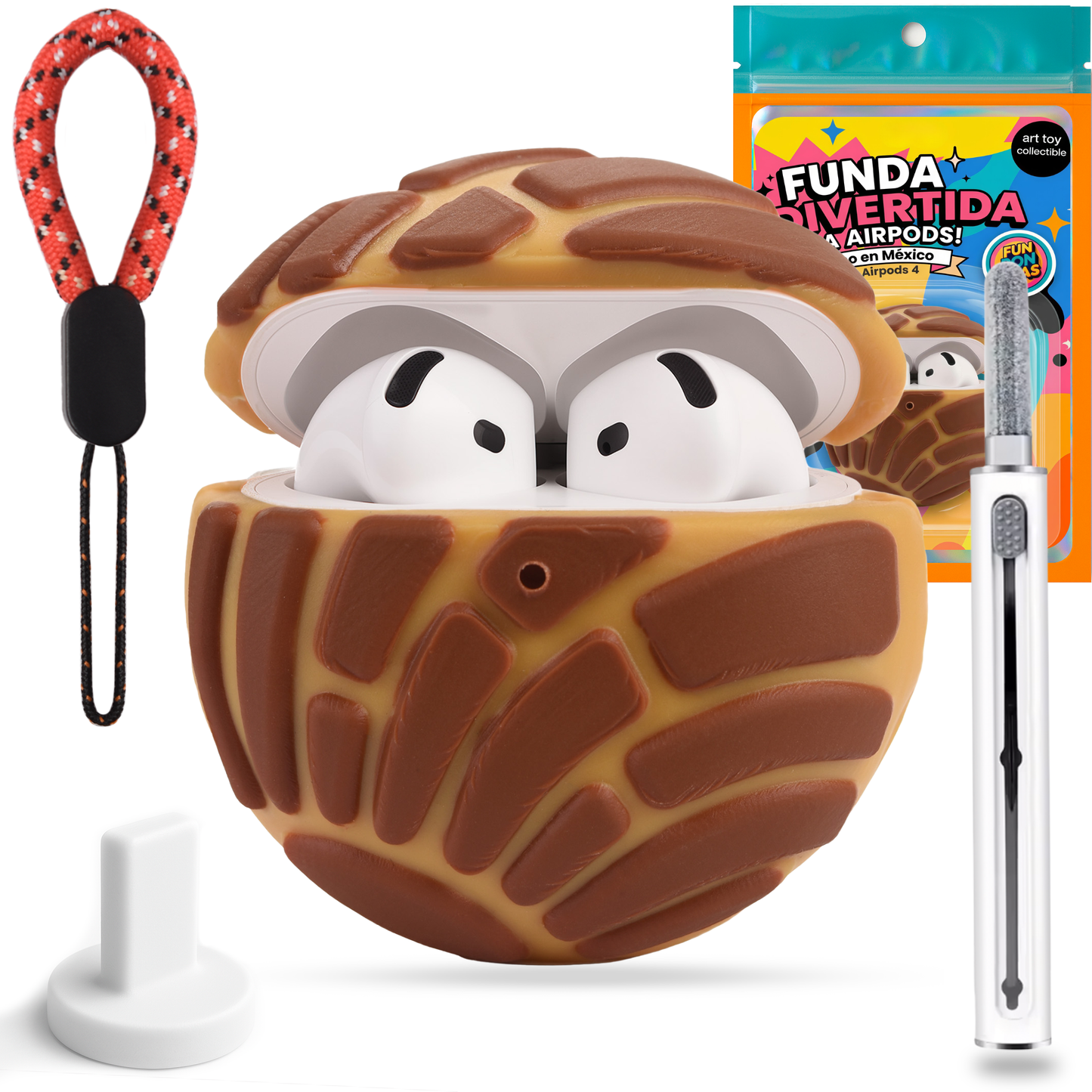 FunDonChas Funda Protectora para AirPods 4 – Diseño Concha de Pan Mexicano. Protección Antigolpes y Rayones, Imposible de Ignorar – Incluye Correa, Kit Limpiador y Extractor PopDock (Chocolate)